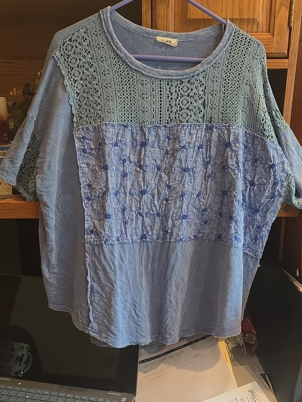 J Her Women’s Light Blue Crochet Panel Casual Top